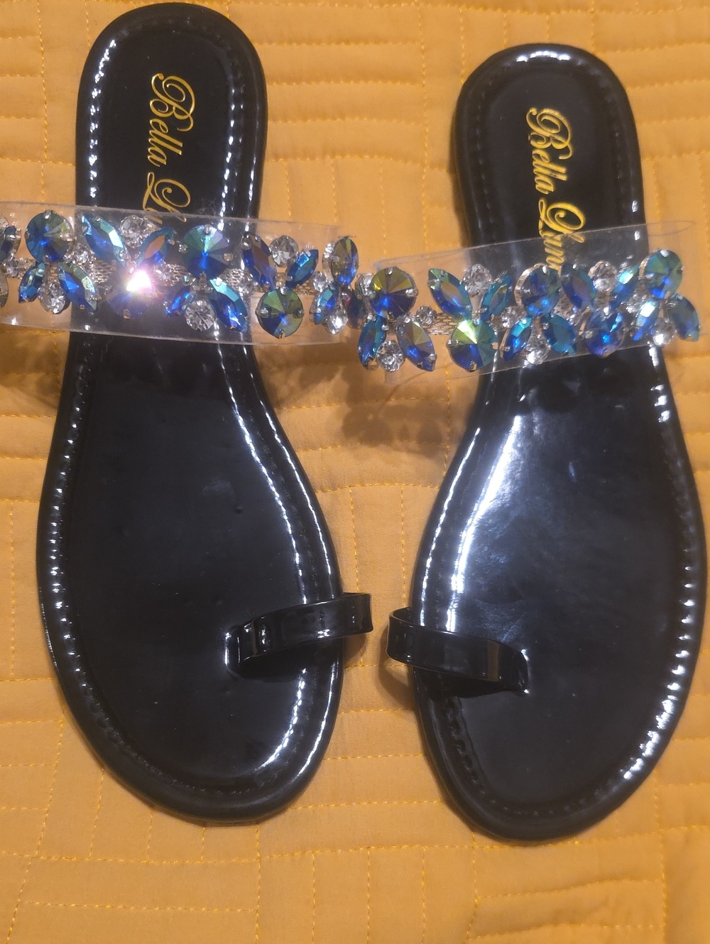 Bella Lune Black Slide Sandals with Blue Crystal Accents